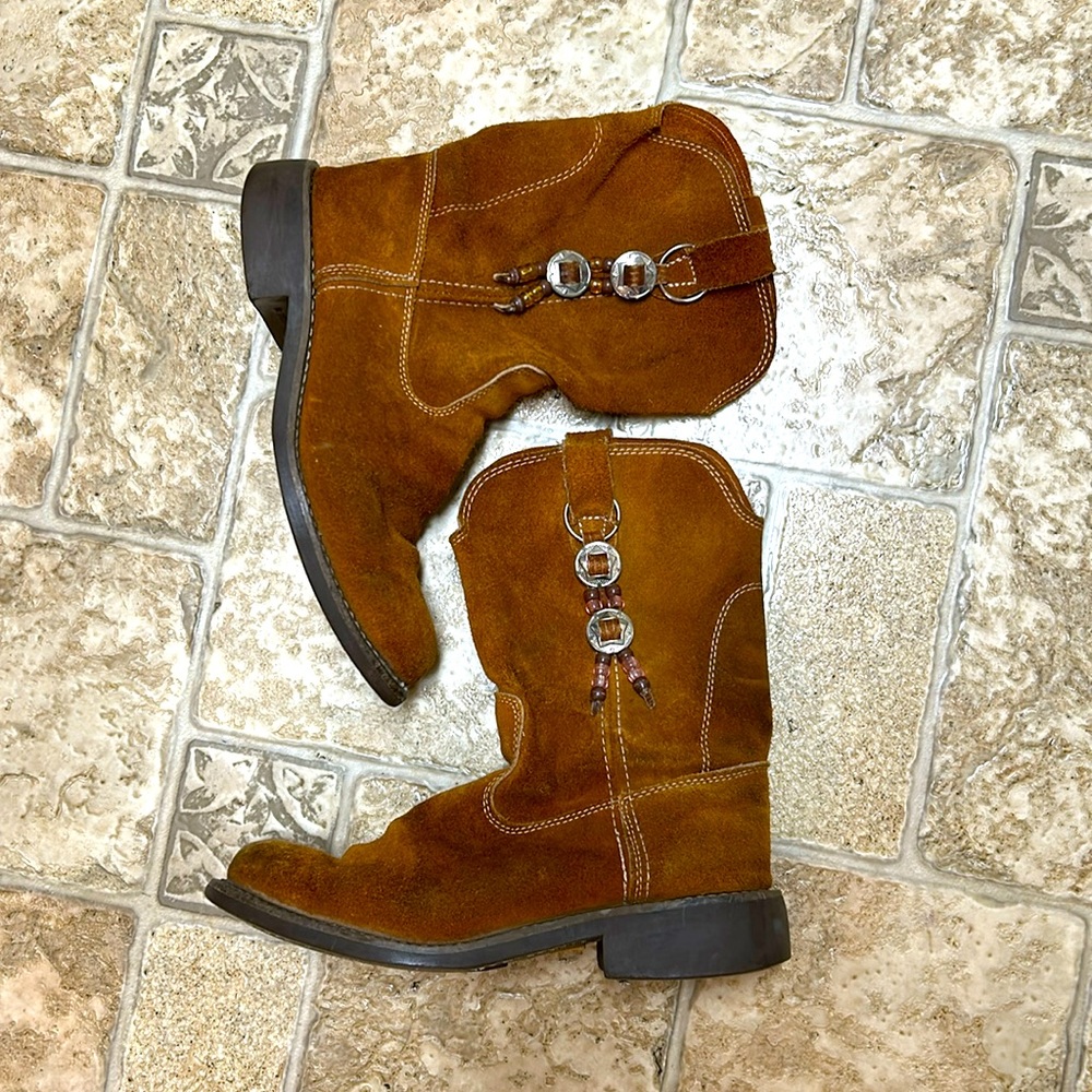 Brown Suede Cowboy Boots with Buckle Accent
